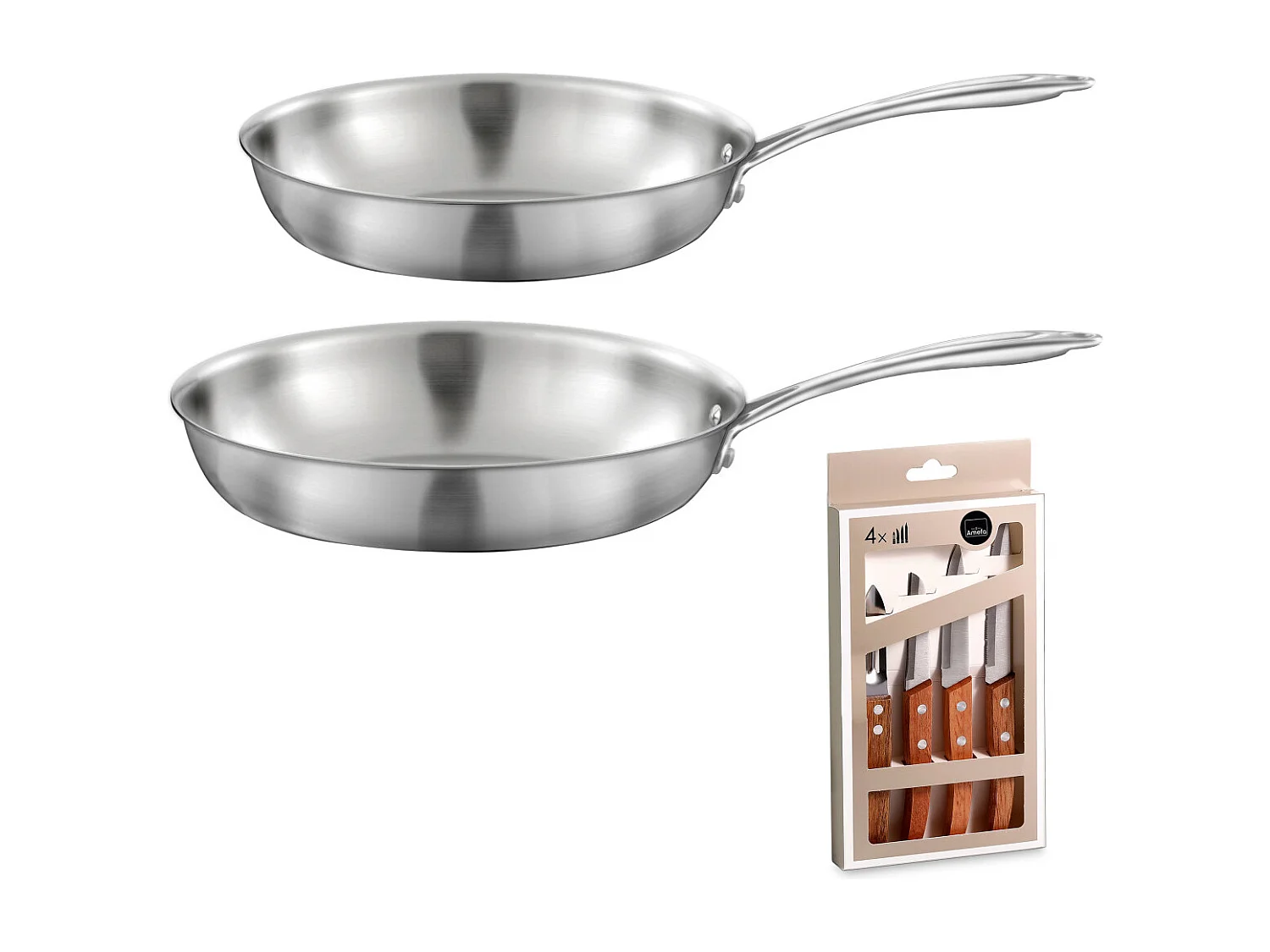 Gourmet - Lot de 2 poêles inox 24 et 28 cm, 1 coffret 4 couteaux de cuisine