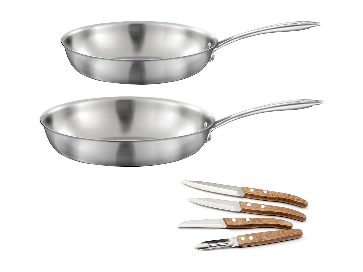 Gourmet - Lot de 2 poêles inox 24 et 28 cm, 1 coffret 4 couteaux de cuisine