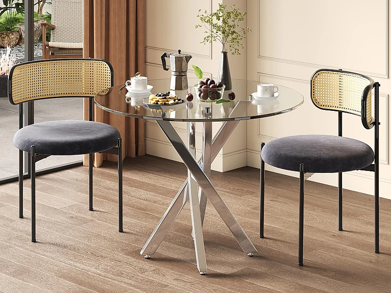 Set mit Tisch und 2 Stühlen - Esstisch 80x80x75 cm - Tischplatte aus Sicherheitsglas - ​​Silber + Grau​