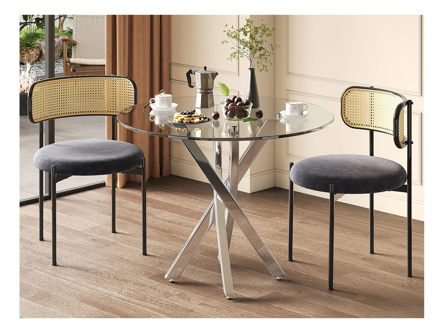 Ensemble table et 2 chaises - table à manger 80x80x75 cm - plateau en verre trempé - argent + gris