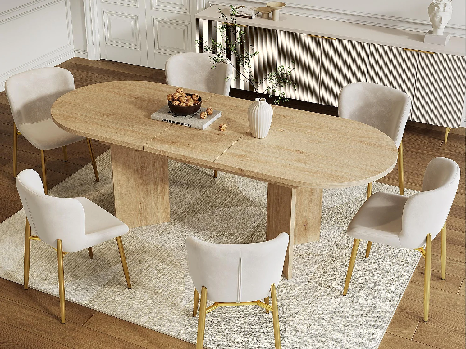Ensemble table et 6 chaises - table à manger extensible 120/160x80x75.5 cm - MDF + velours - naturel + beige