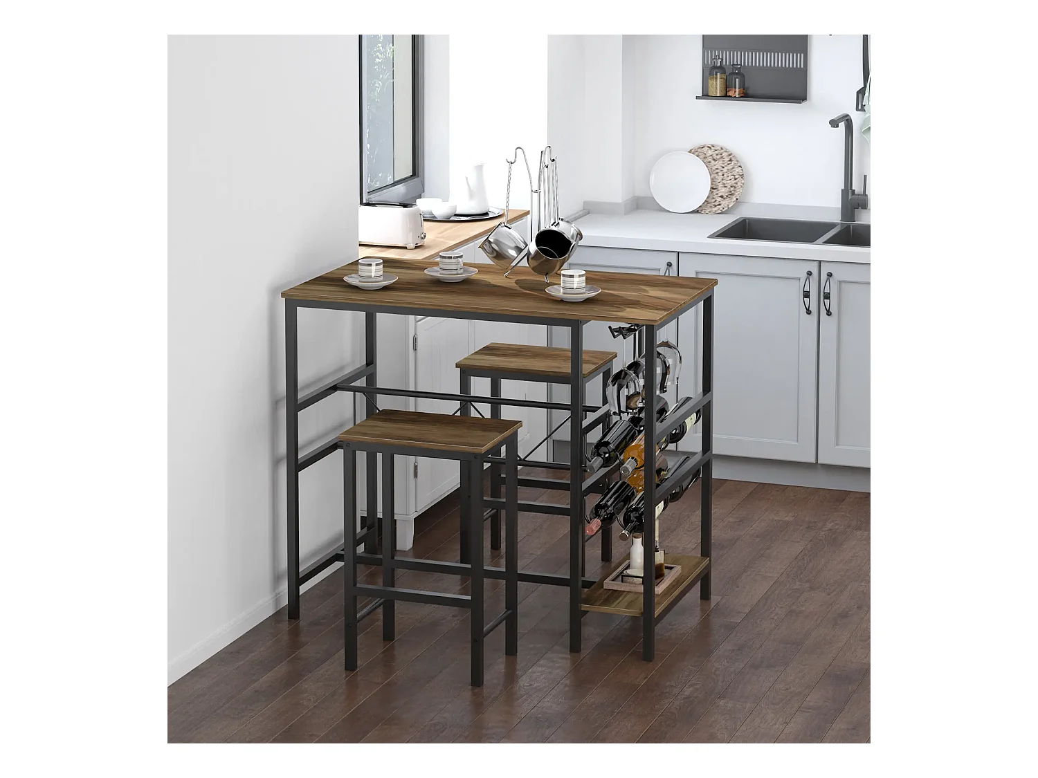 Bartisch-Set, Stehtisch mit 2 Barhockern, 3-teiliges Tischset Küchentresen mit Flaschenhalterung 108 x 60x 95H cm