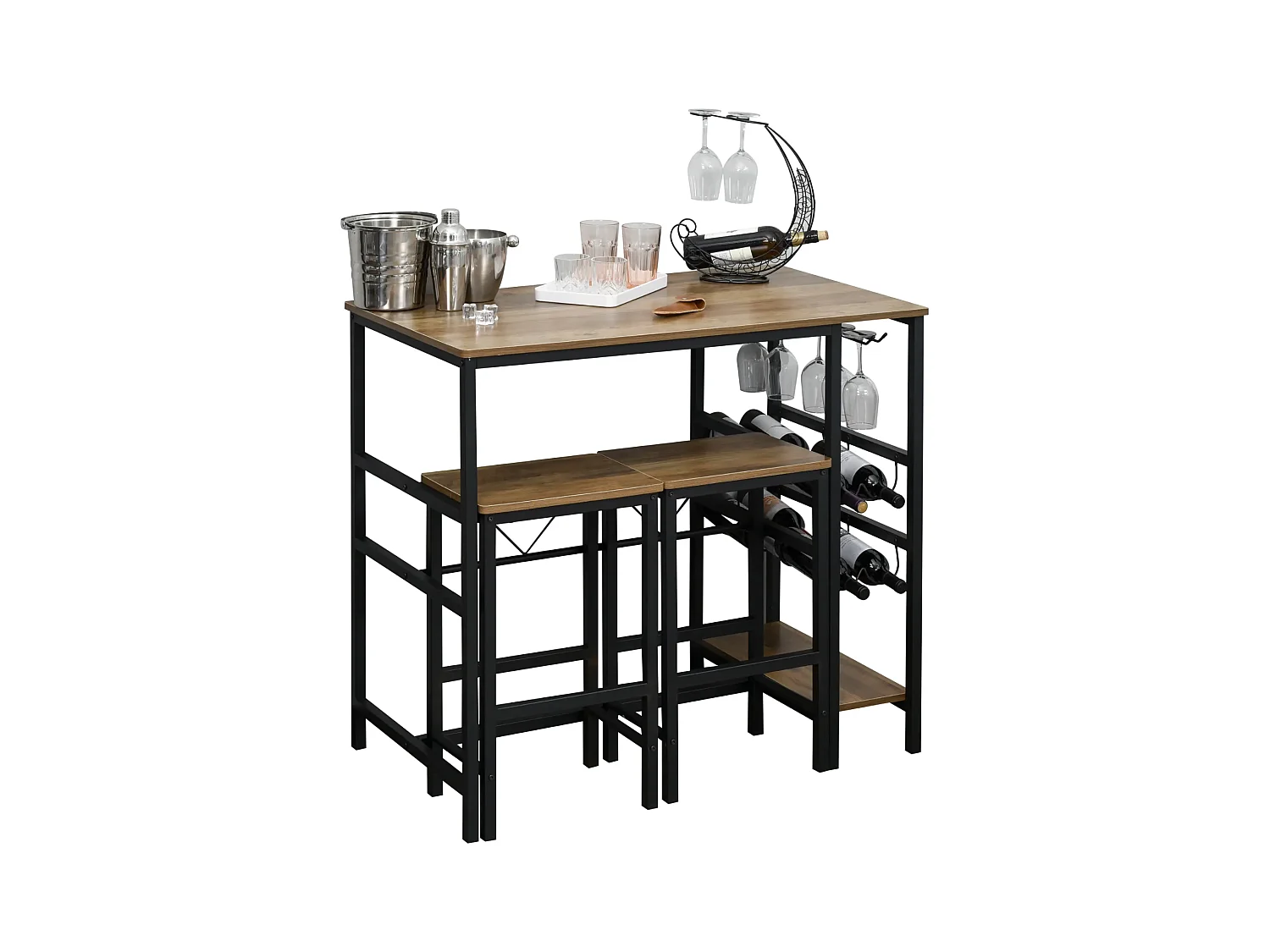 Bartisch-Set, Stehtisch mit 2 Barhockern, 3-teiliges Tischset Küchentresen mit Flaschenhalterung 108 x 60x 95H cm