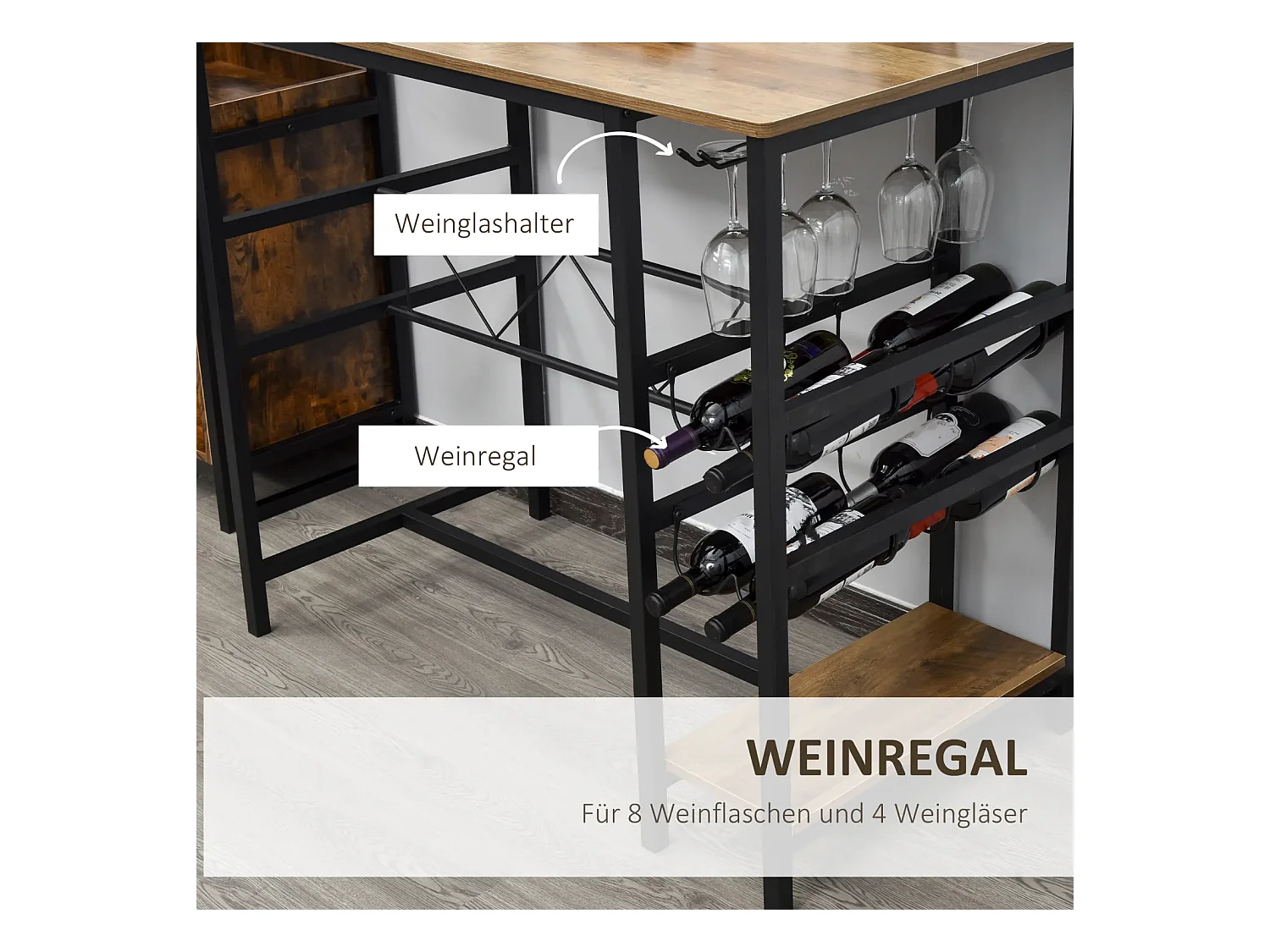 Bartisch-Set, Stehtisch mit 2 Barhockern, 3-teiliges Tischset Küchentresen mit Flaschenhalterung 108 x 60x 95H cm