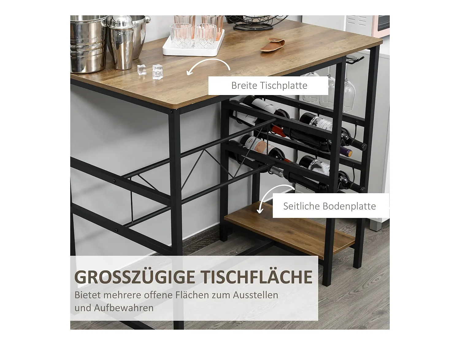 Bartisch-Set, Stehtisch mit 2 Barhockern, 3-teiliges Tischset Küchentresen mit Flaschenhalterung 108 x 60x 95H cm
