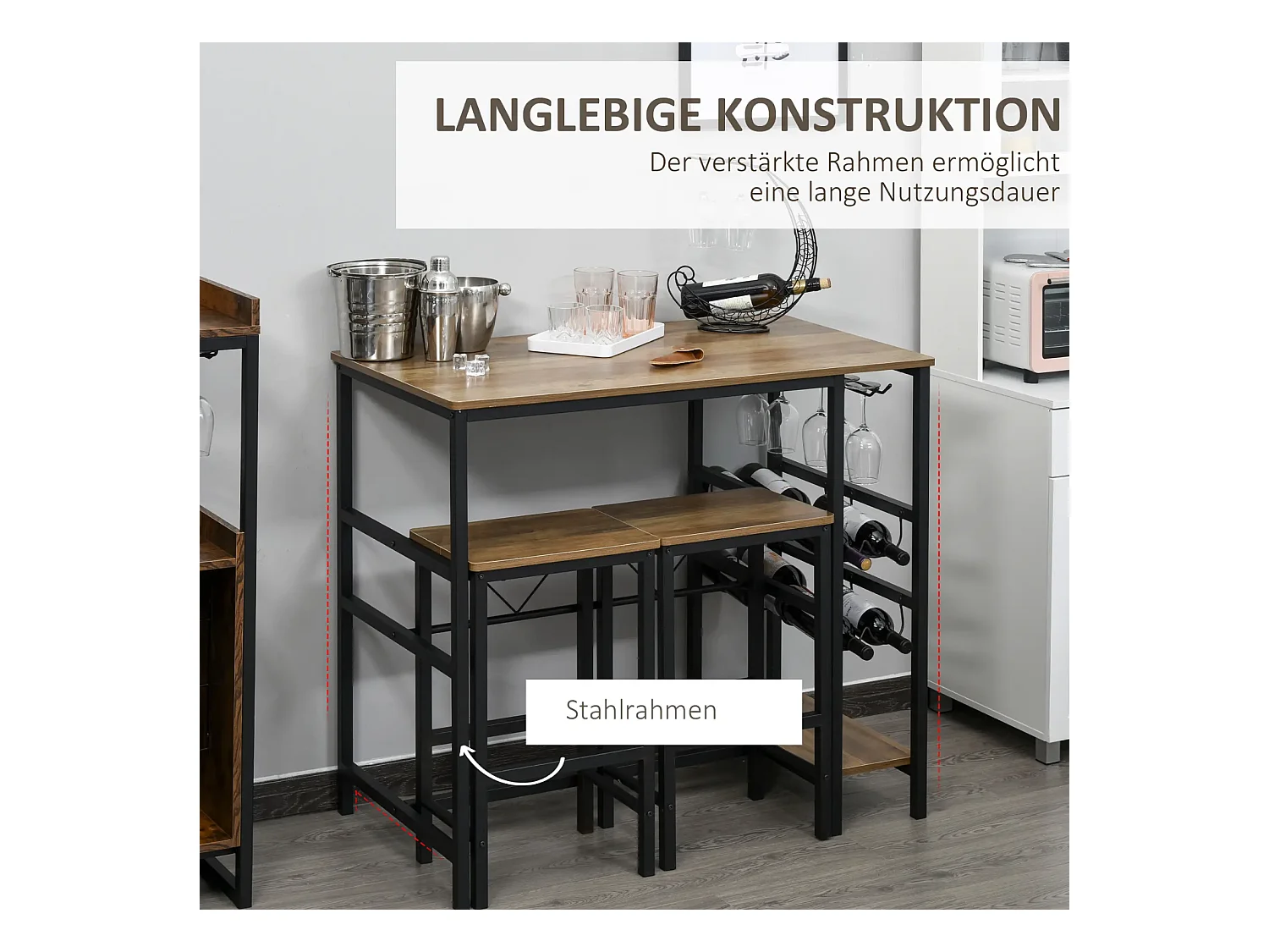 Bartisch-Set, Stehtisch mit 2 Barhockern, 3-teiliges Tischset Küchentresen mit Flaschenhalterung 108 x 60x 95H cm