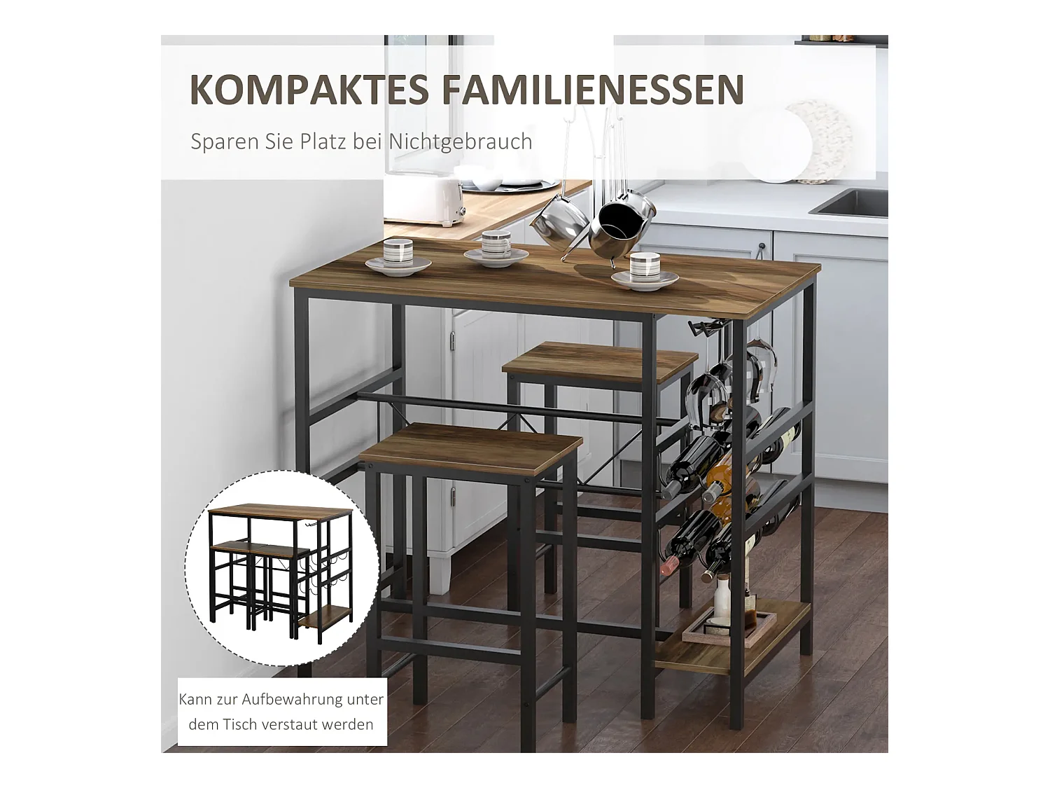 Bartisch-Set, Stehtisch mit 2 Barhockern, 3-teiliges Tischset Küchentresen mit Flaschenhalterung 108 x 60x 95H cm