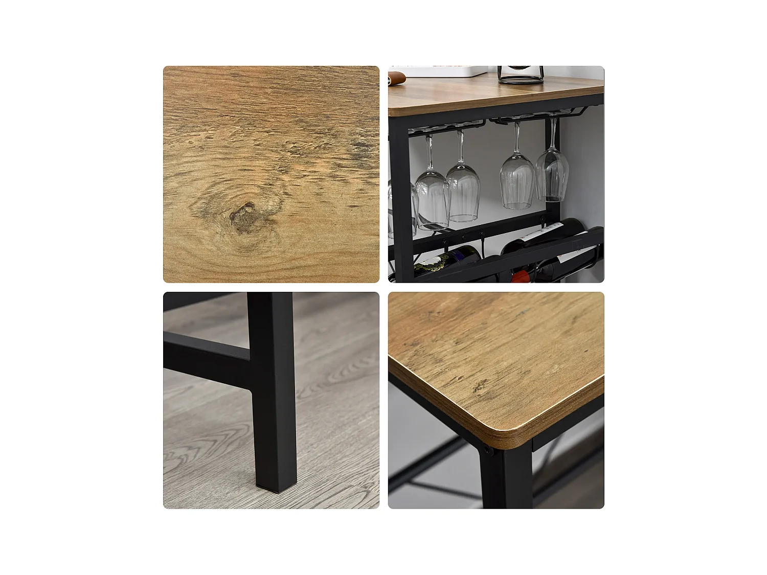 Bartisch-Set, Stehtisch mit 2 Barhockern, 3-teiliges Tischset Küchentresen mit Flaschenhalterung 108 x 60x 95H cm