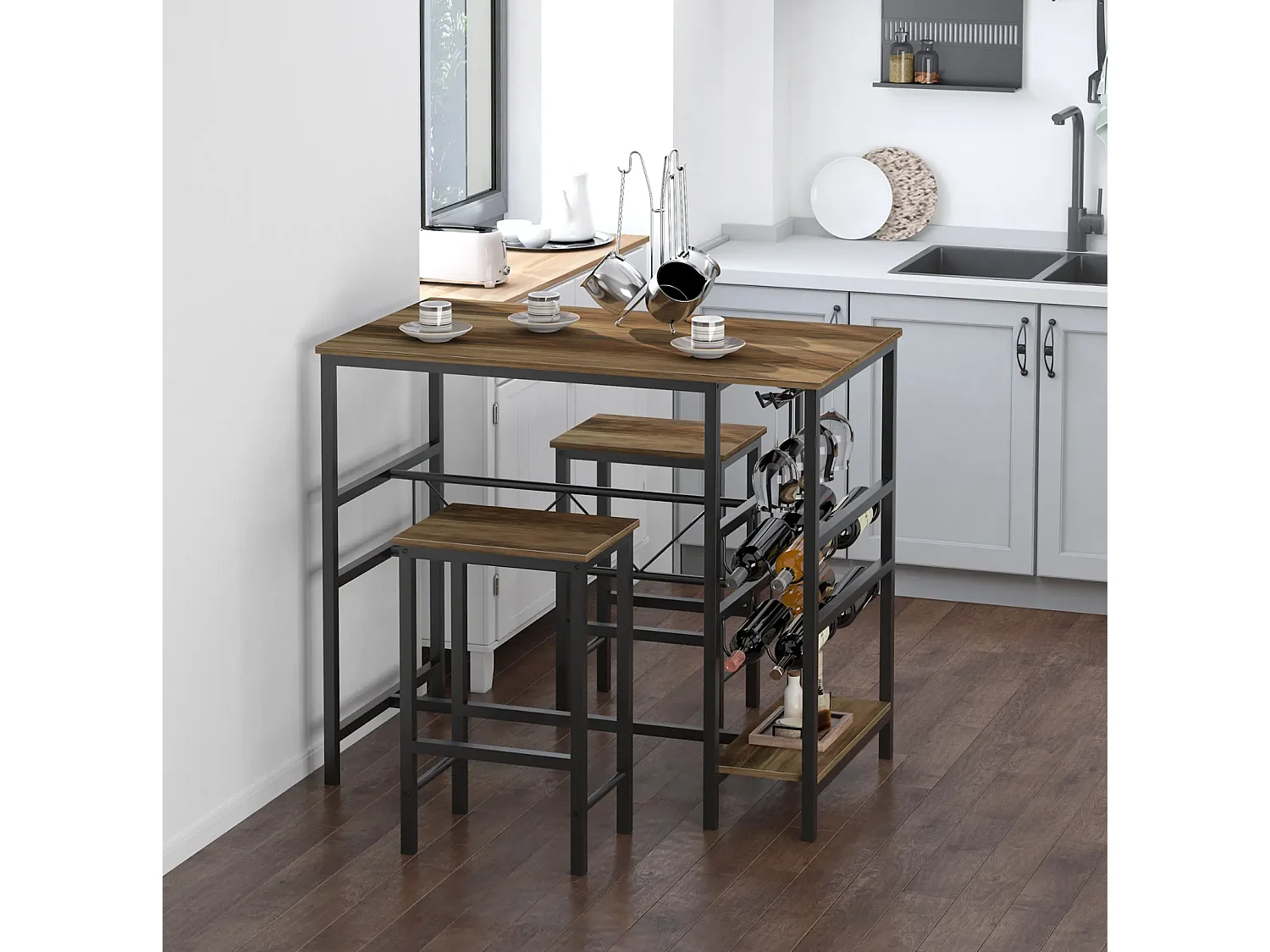 Bartisch-Set, Stehtisch mit 2 Barhockern, 3-teiliges Tischset Küchentresen mit Flaschenhalterung 108 x 60x 95H cm