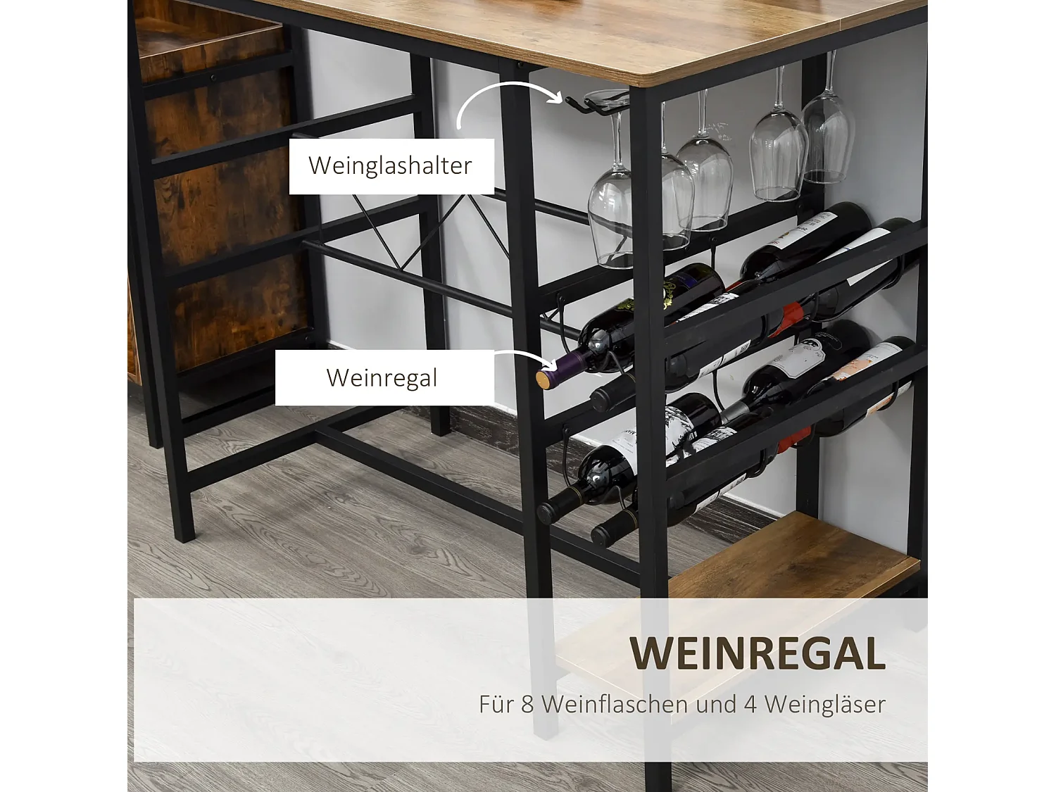 Bartisch-Set, Stehtisch mit 2 Barhockern, 3-teiliges Tischset Küchentresen mit Flaschenhalterung 108 x 60x 95H cm