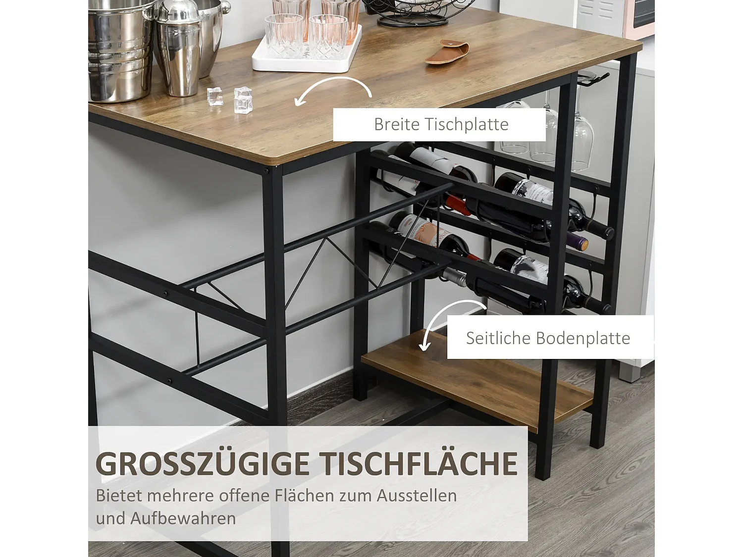 Bartisch-Set, Stehtisch mit 2 Barhockern, 3-teiliges Tischset Küchentresen mit Flaschenhalterung 108 x 60x 95H cm