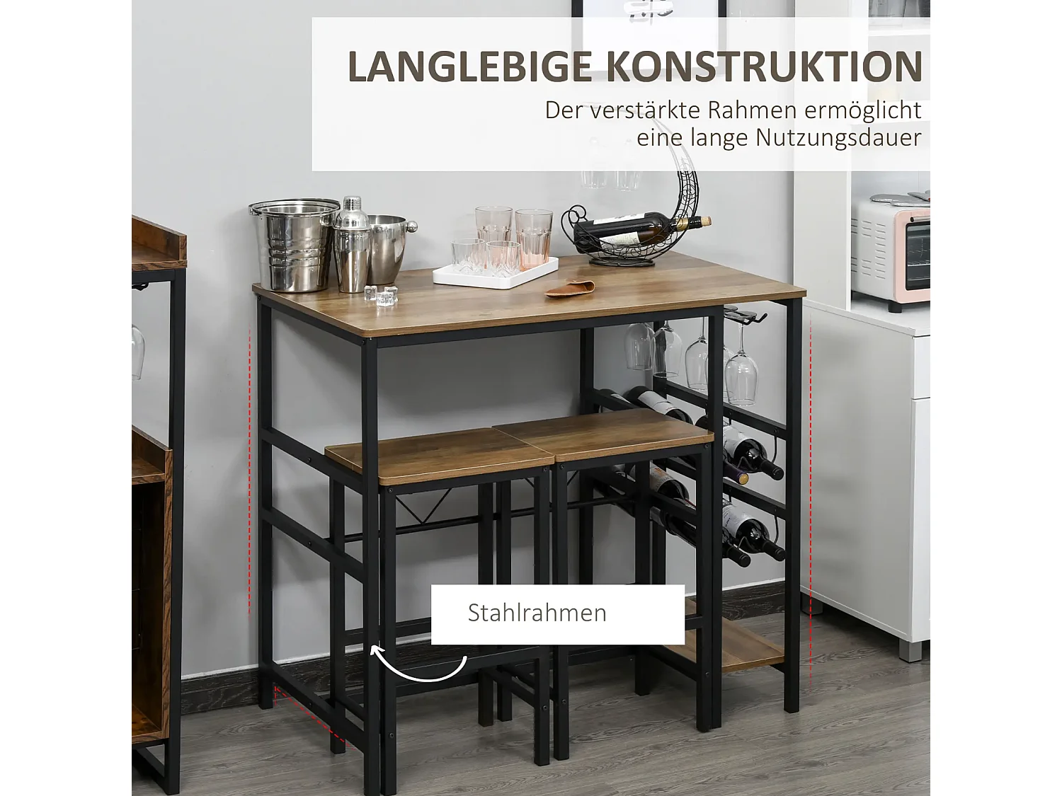 Bartisch-Set, Stehtisch mit 2 Barhockern, 3-teiliges Tischset Küchentresen mit Flaschenhalterung 108 x 60x 95H cm
