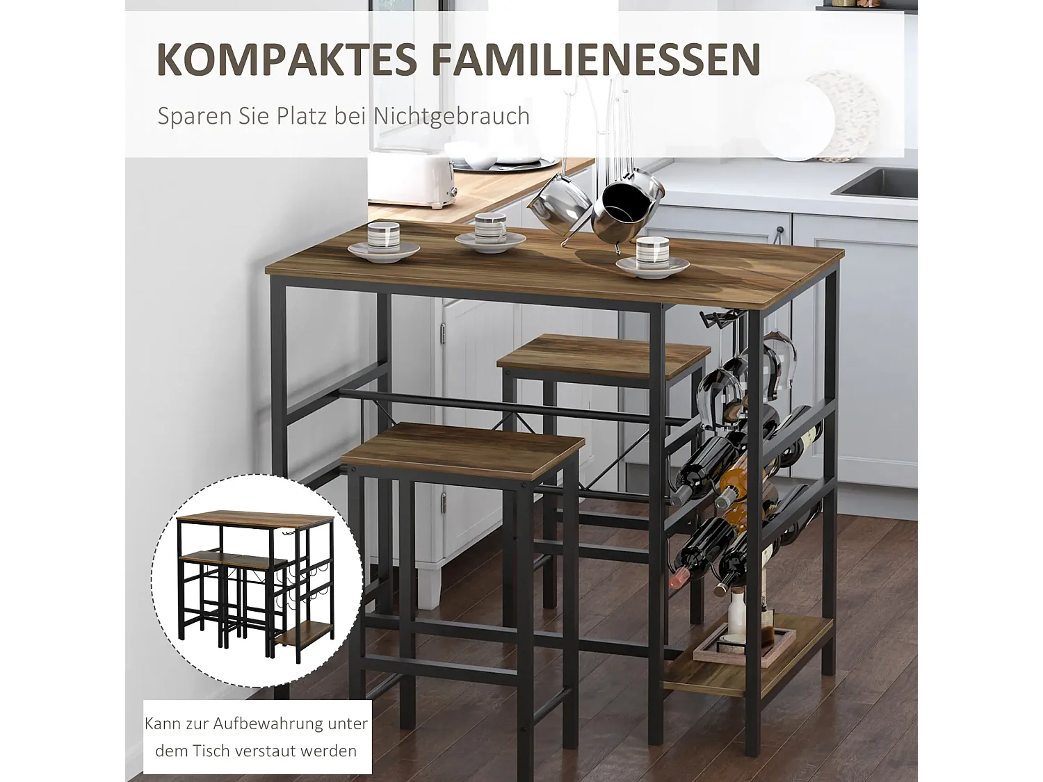 Bartisch-Set, Stehtisch mit 2 Barhockern, 3-teiliges Tischset Küchentresen mit Flaschenhalterung 108 x 60x 95H cm