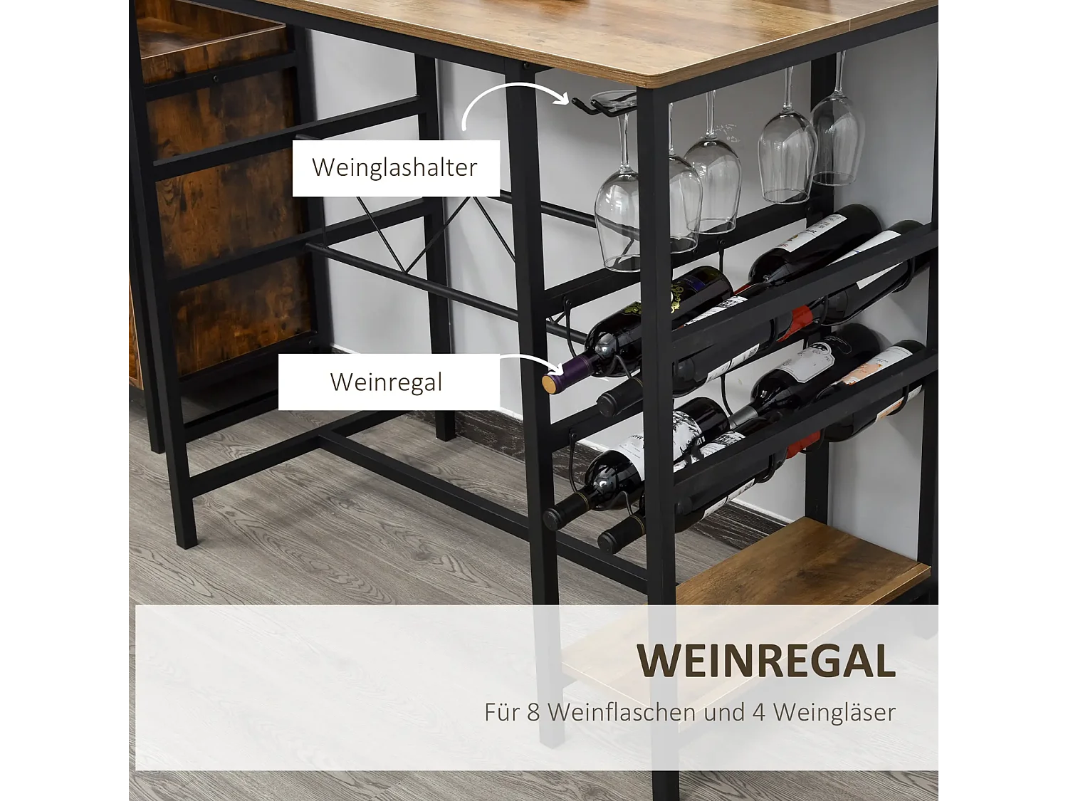 Bartisch-Set, Stehtisch mit 2 Barhockern, 3-teiliges Tischset Küchentresen mit Flaschenhalterung 108 x 60x 95H cm