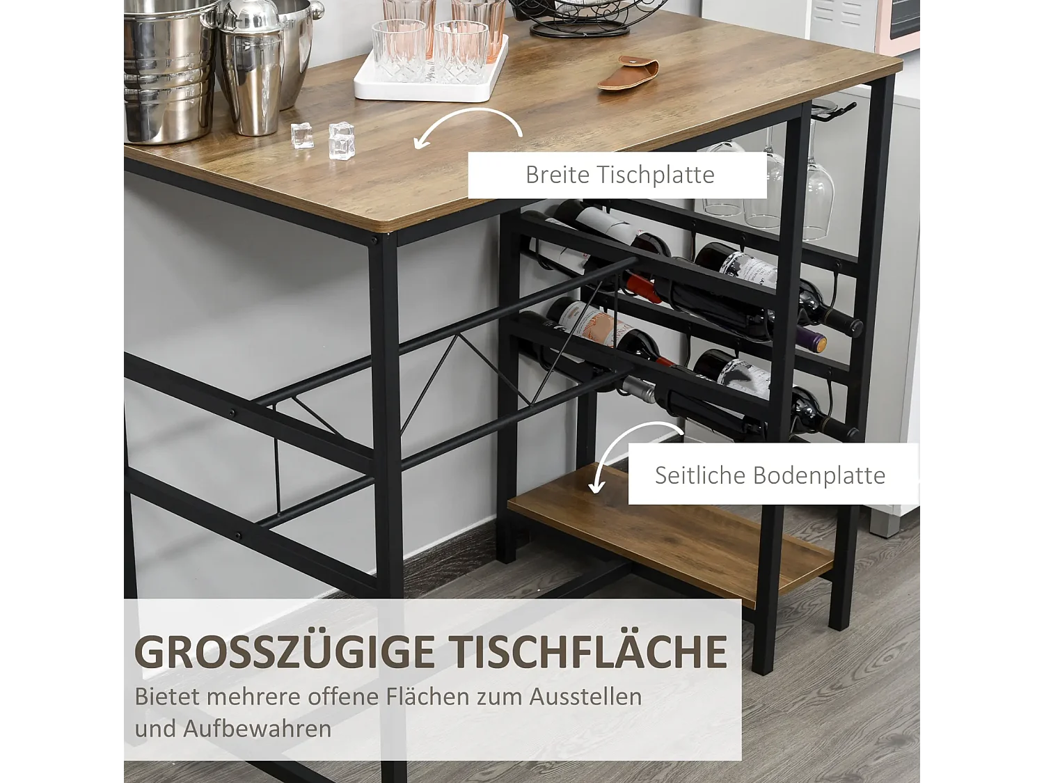 Bartisch-Set, Stehtisch mit 2 Barhockern, 3-teiliges Tischset Küchentresen mit Flaschenhalterung 108 x 60x 95H cm