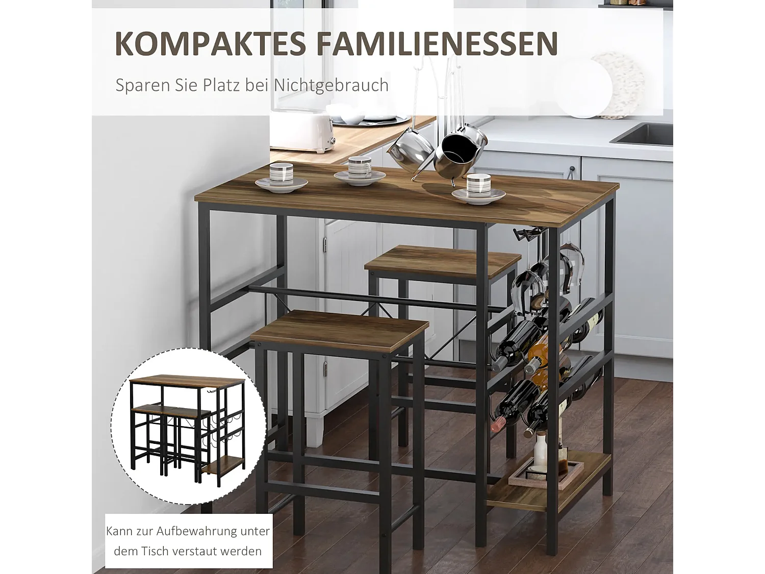Bartisch-Set, Stehtisch mit 2 Barhockern, 3-teiliges Tischset Küchentresen mit Flaschenhalterung 108 x 60x 95H cm