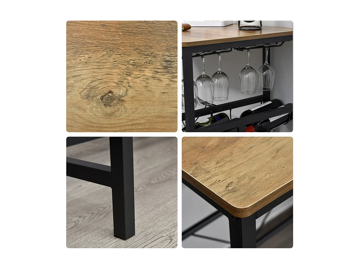 Bartisch-Set, Stehtisch mit 2 Barhockern, 3-teiliges Tischset Küchentresen mit Flaschenhalterung 108 x 60x 95H cm