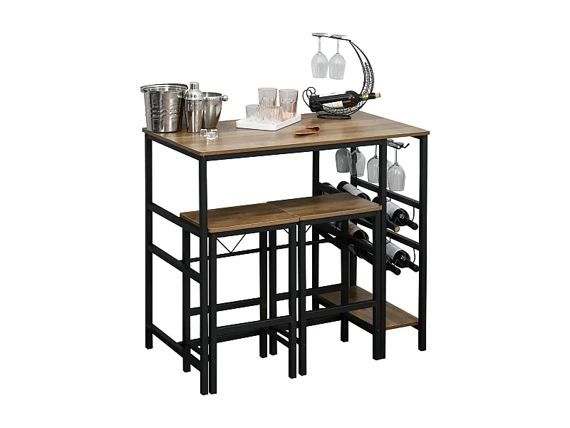 Bartisch-Set, Stehtisch mit 2 Barhockern, 3-teiliges Tischset Küchentresen mit Flaschenhalterung 108 x 60x 95H cm