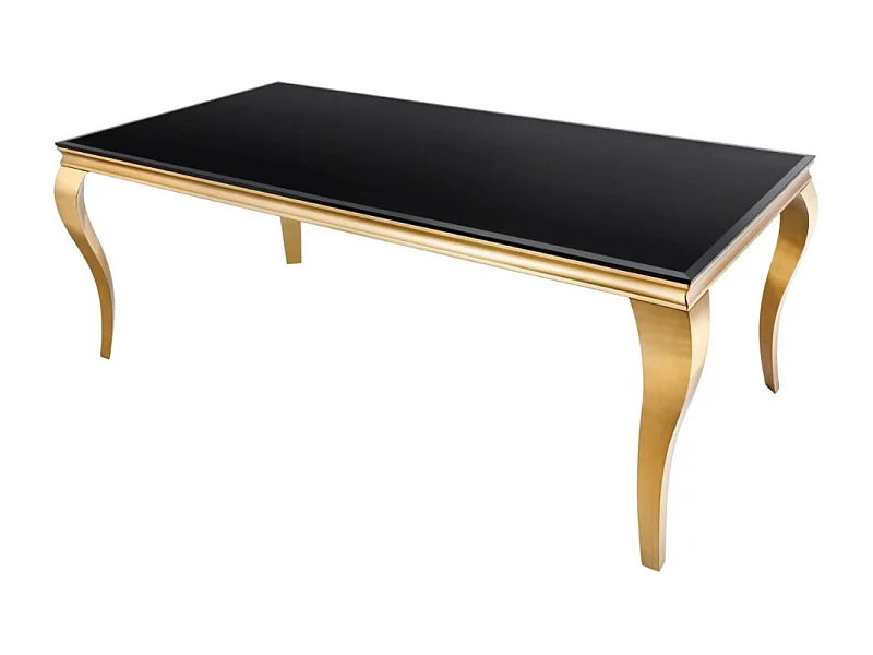 Table de salle à manger VELENA 180 cm – Plateau en verre noir et structure en acier doré – Élégance baroque et design moderne