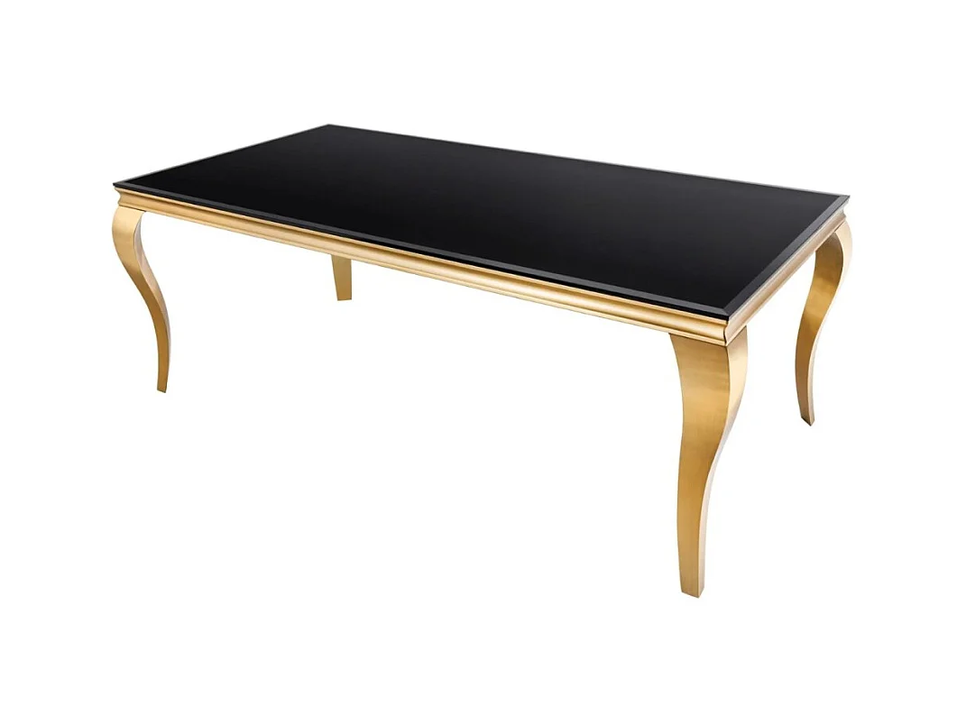 Table de salle à manger VELENA 180 cm – Plateau en verre noir et structure en acier doré – Élégance baroque et design moderne