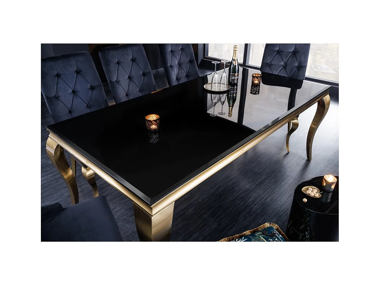 Table de salle à manger VELENA 180 cm – Plateau en verre noir et structure en acier doré – Élégance baroque et design moderne