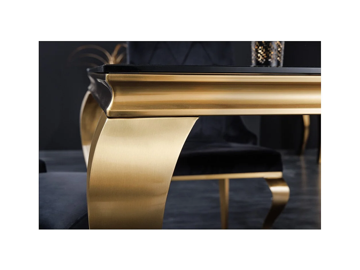 Table de salle à manger VELENA 180 cm – Plateau en verre noir et structure en acier doré – Élégance baroque et design moderne