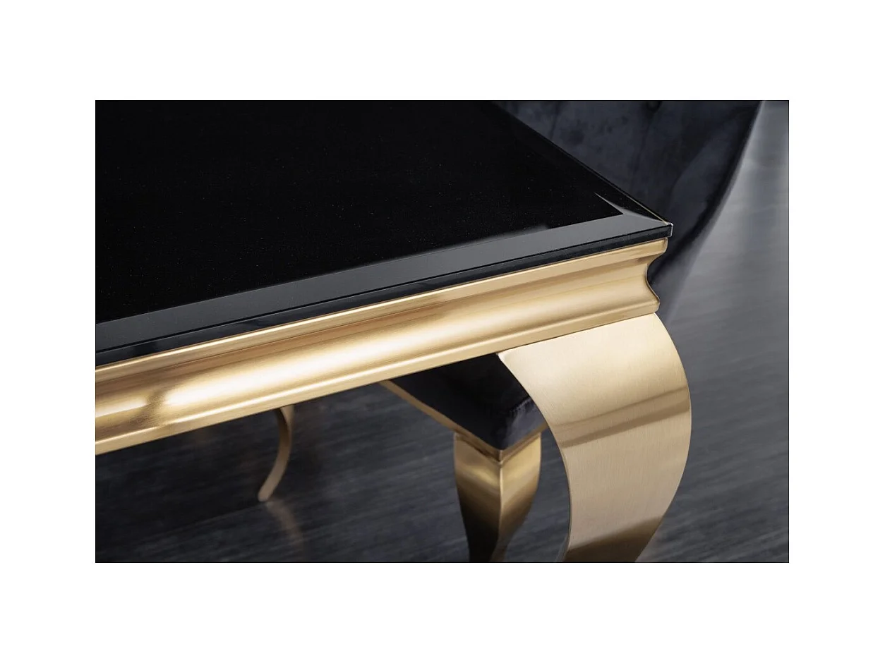 Table de salle à manger VELENA 180 cm – Plateau en verre noir et structure en acier doré – Élégance baroque et design moderne
