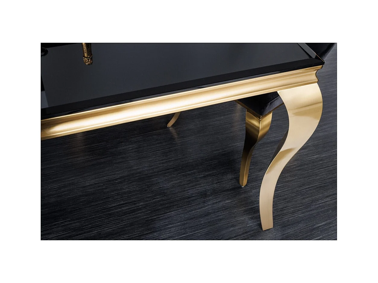 Table de salle à manger VELENA 180 cm – Plateau en verre noir et structure en acier doré – Élégance baroque et design moderne