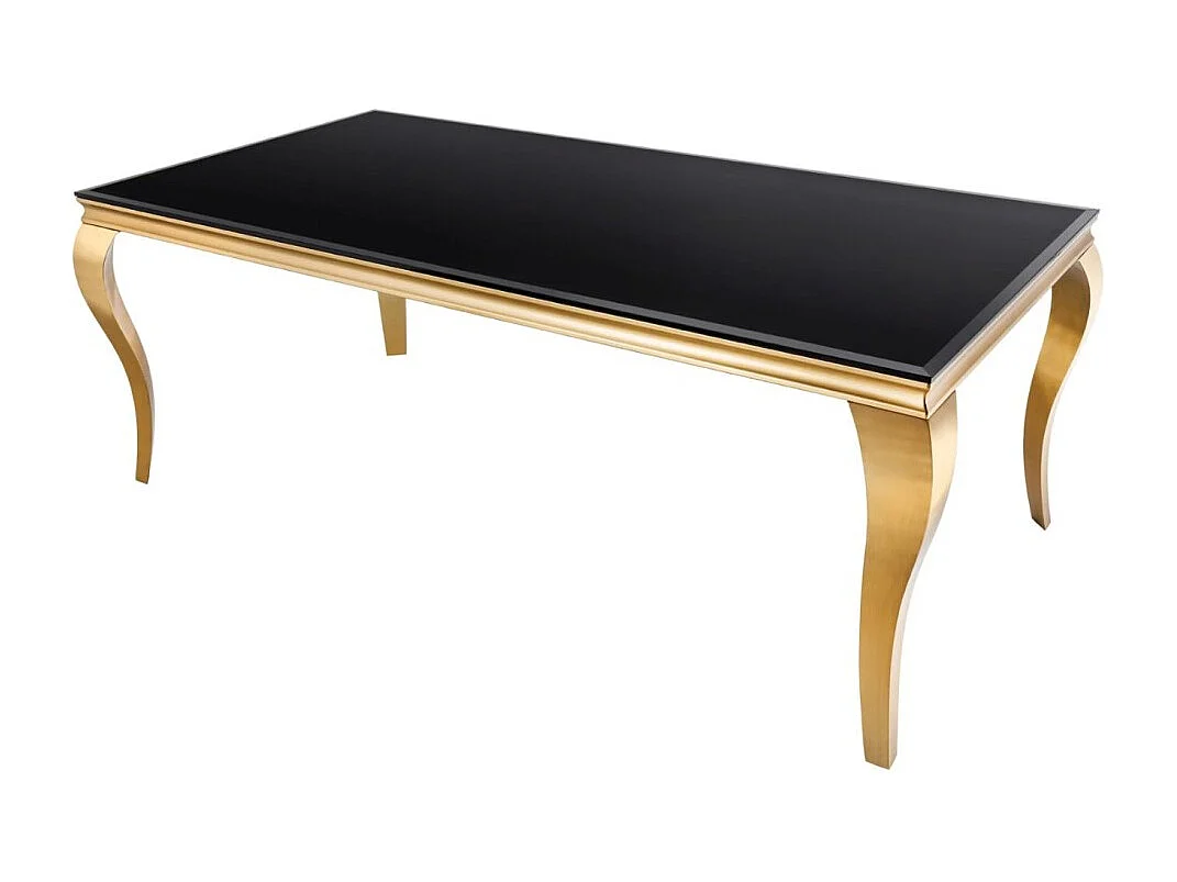 Table de salle à manger VELENA 180 cm – Plateau en verre noir et structure en acier doré – Élégance baroque et design moderne