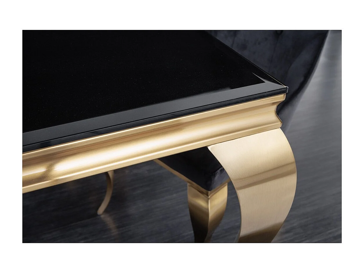 Table de salle à manger VELENA 180 cm – Plateau en verre noir et structure en acier doré – Élégance baroque et design moderne