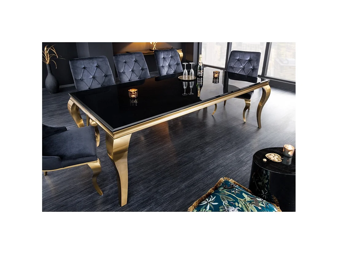 Eettafel VELENA 180 cm – Blad van zwart glas en gouden stalen structuur – Barokke elegantie en modern design