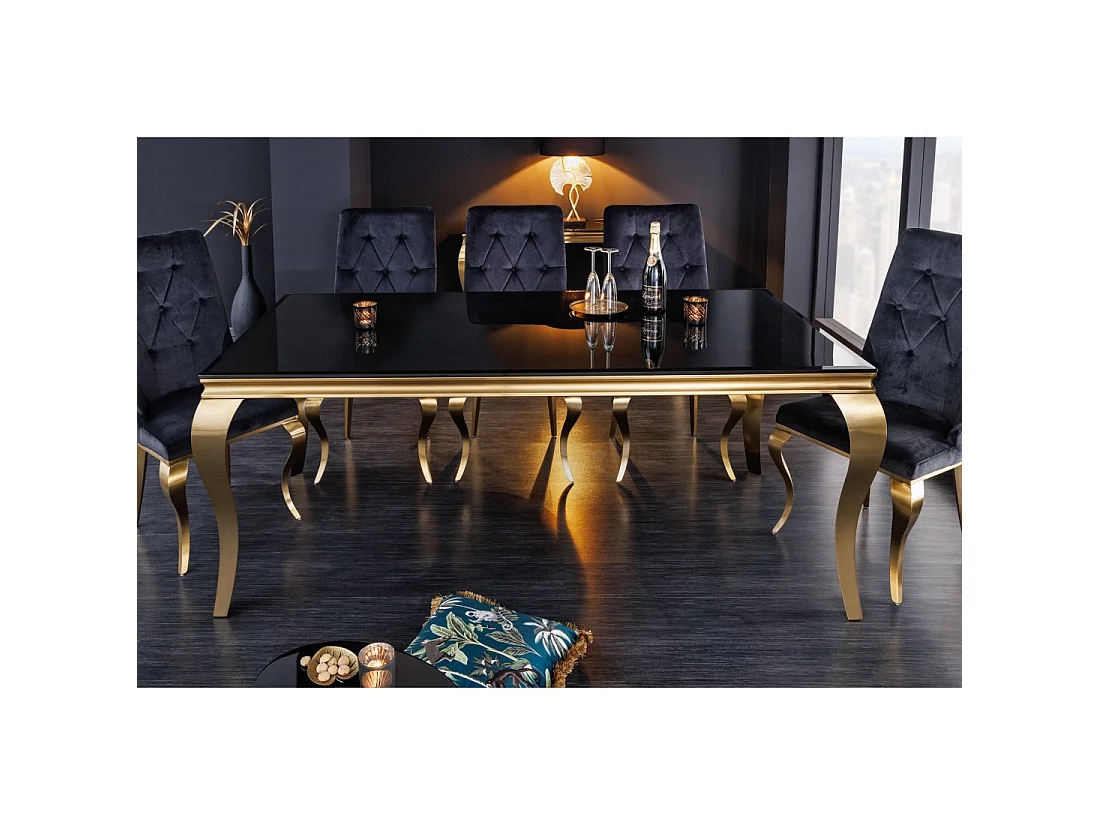 Eettafel VELENA 180 cm – Blad van zwart glas en gouden stalen structuur – Barokke elegantie en modern design