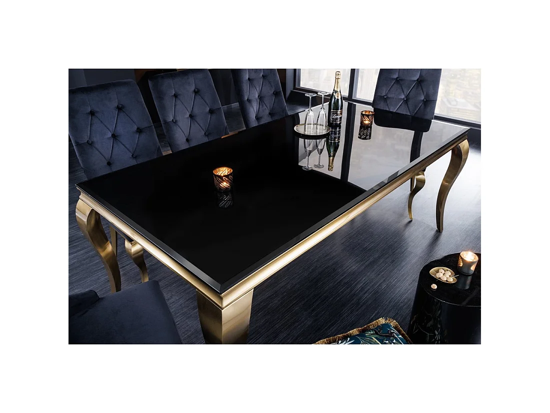 Eettafel VELENA 180 cm – Blad van zwart glas en gouden stalen structuur – Barokke elegantie en modern design