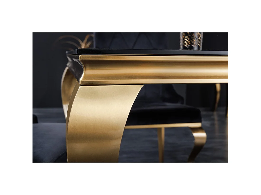 Eettafel VELENA 180 cm – Blad van zwart glas en gouden stalen structuur – Barokke elegantie en modern design