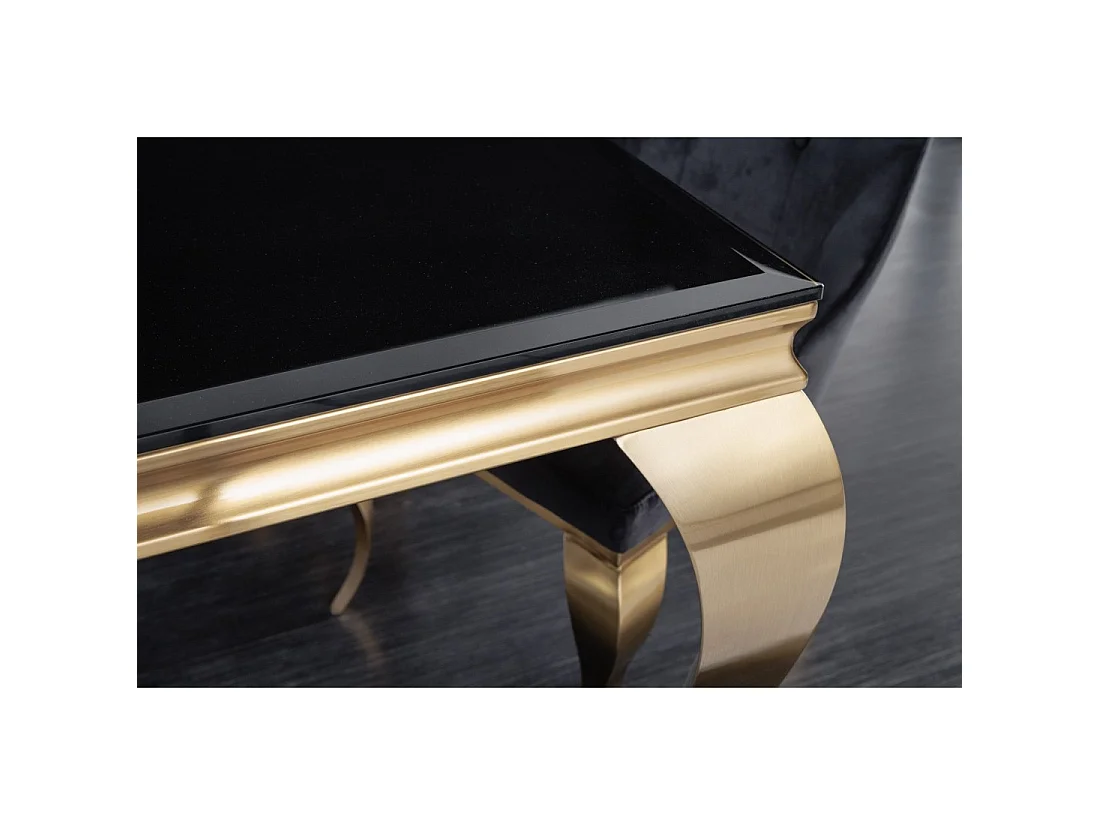 Eettafel VELENA 180 cm – Blad van zwart glas en gouden stalen structuur – Barokke elegantie en modern design