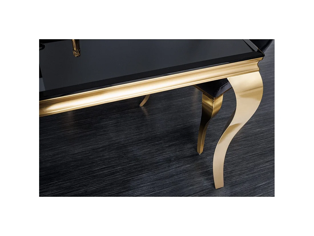 Eettafel VELENA 180 cm – Blad van zwart glas en gouden stalen structuur – Barokke elegantie en modern design