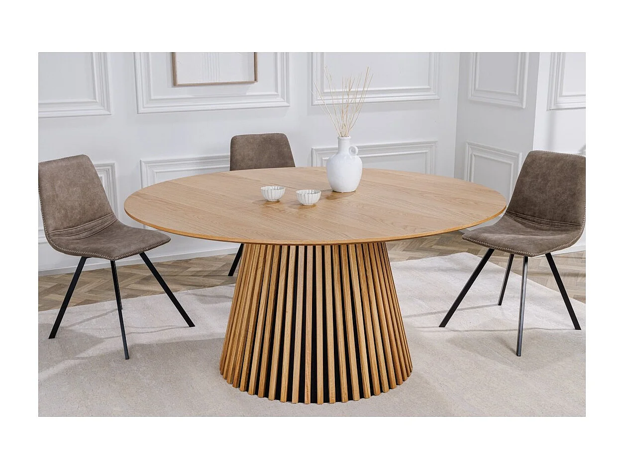 Table KANOVA 140 cm – Plateau rond en chêne clair et pied central design – Style contemporain
