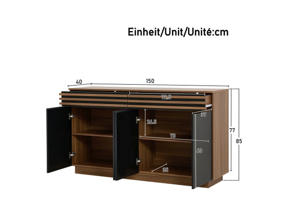Sideboard Holzoptik mit Türen, Kommode mit 2 Schubladen & 4 Türen, für Wohnzimmer, Esszimmer & Küche 150 x 40 x 85 cm