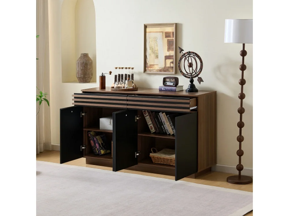 Sideboard Holzoptik mit Türen, Kommode mit 2 Schubladen & 4 Türen, für Wohnzimmer, Esszimmer & Küche 150 x 40 x 85 cm