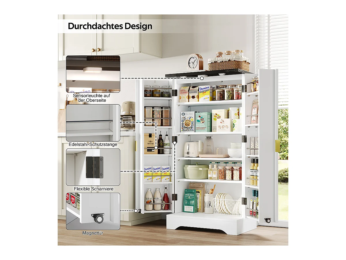 Küchenschrank mit LED-Sensorlicht und Gewürzregal Buffetschrank Sideboard 120 x 60,5 x 40 cm Weiß