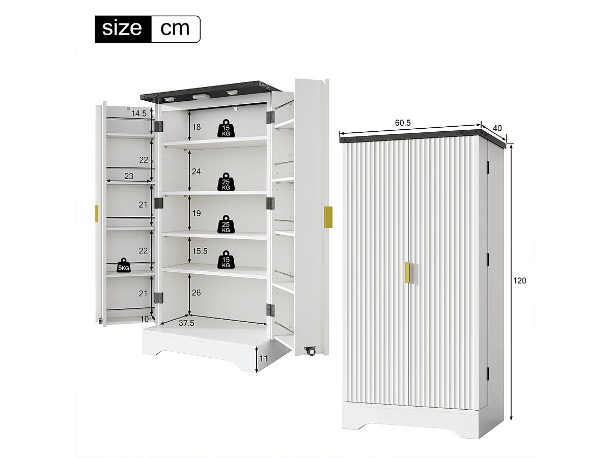 Küchenschrank mit LED-Sensorlicht und Gewürzregal Buffetschrank Sideboard 120 x 60,5 x 40 cm Weiß