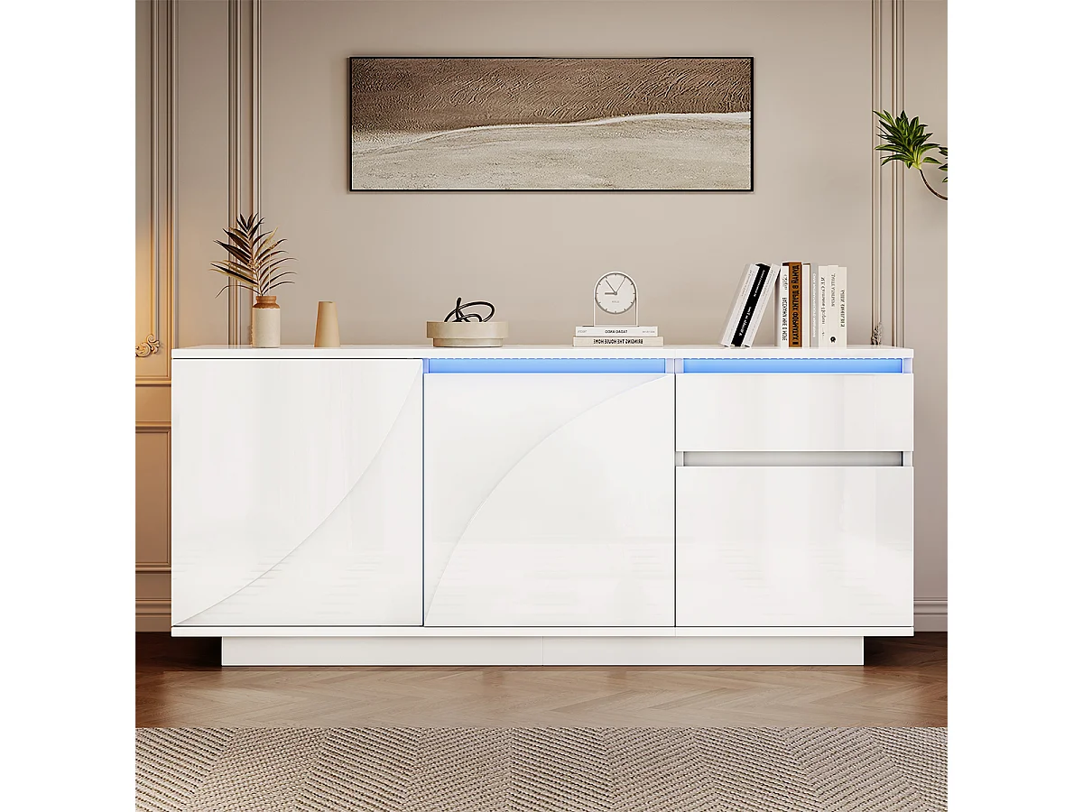 Sideboard mit LED und Verstellbaren Einlegeböden Aufbewahrungsschrank Wohnzimmerschrank 140*40*60cm Weiß