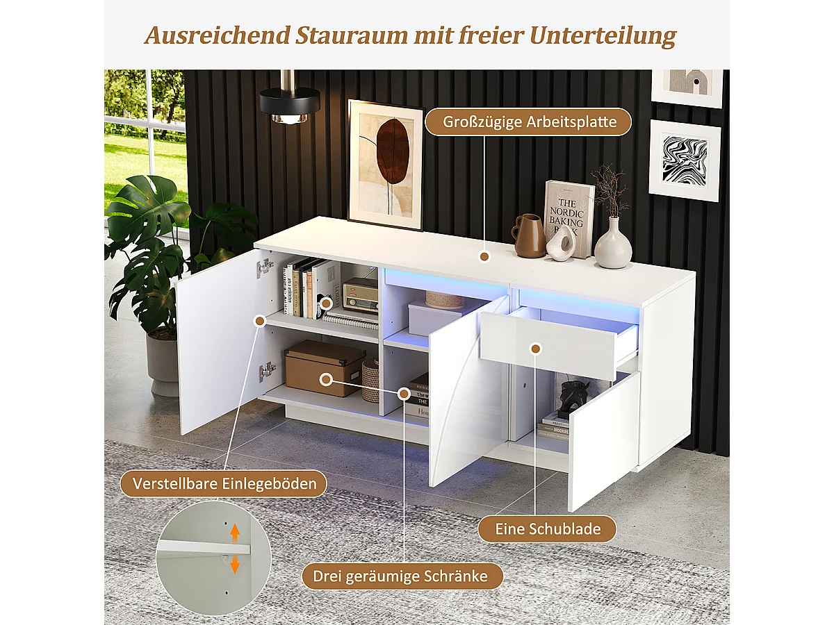 Sideboard mit LED und Verstellbaren Einlegeböden Aufbewahrungsschrank Wohnzimmerschrank 140*40*60cm Weiß