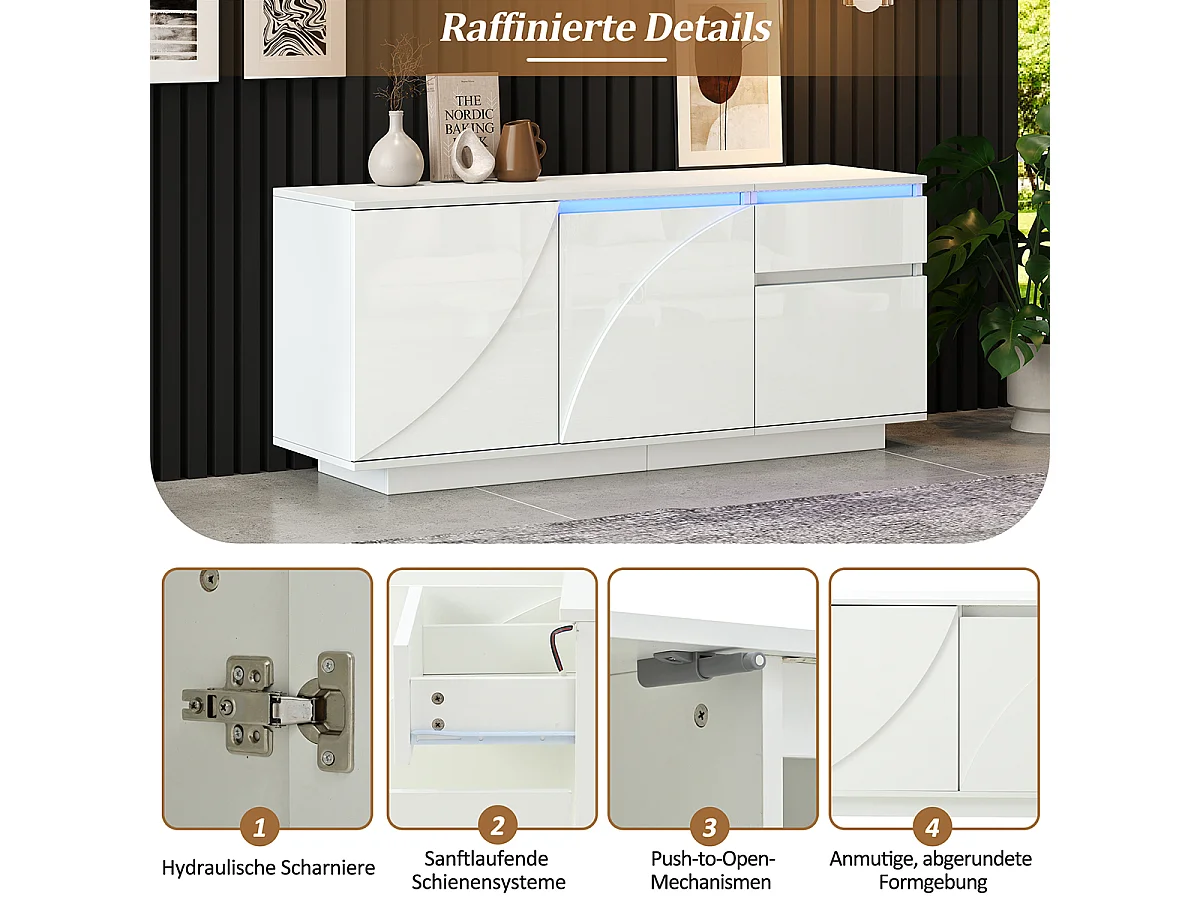 Sideboard mit LED und Verstellbaren Einlegeböden Aufbewahrungsschrank Wohnzimmerschrank 140*40*60cm Weiß