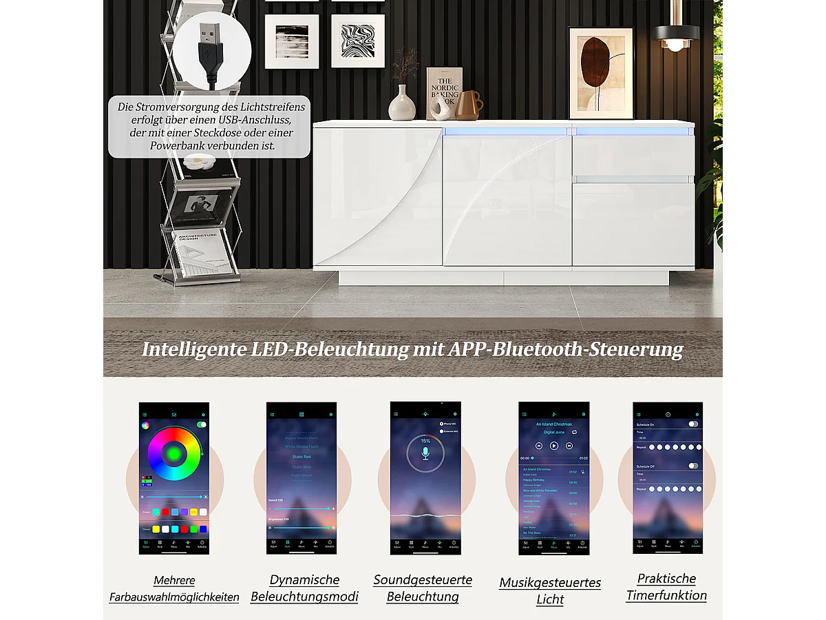 Sideboard mit LED und Verstellbaren Einlegeböden Aufbewahrungsschrank Wohnzimmerschrank 140*40*60cm Weiß