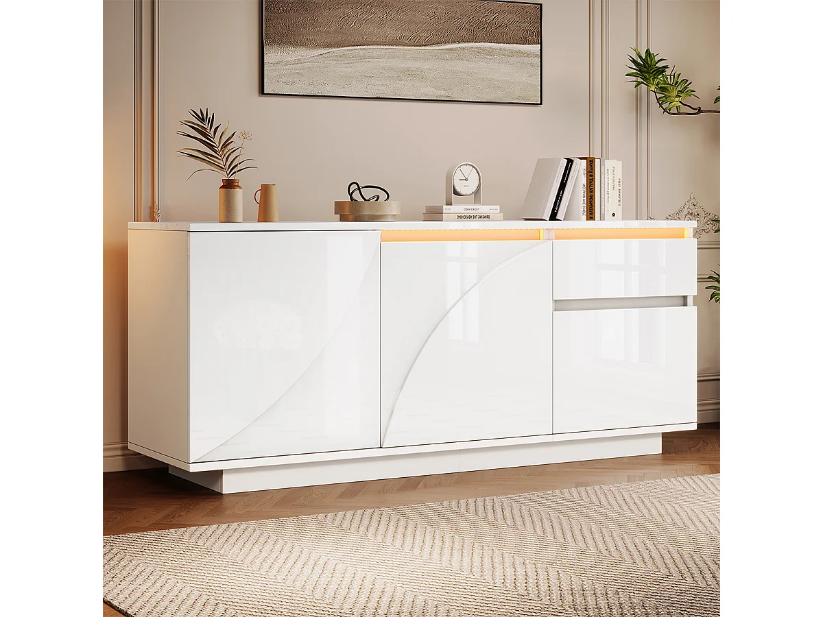 Sideboard mit LED und Verstellbaren Einlegeböden Aufbewahrungsschrank Wohnzimmerschrank 140*40*60cm Weiß