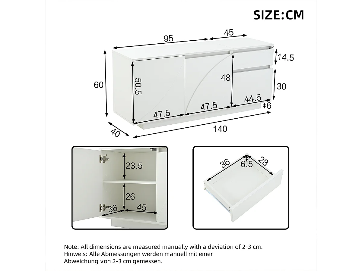 Sideboard mit LED und Verstellbaren Einlegeböden Aufbewahrungsschrank Wohnzimmerschrank 140*40*60cm Weiß