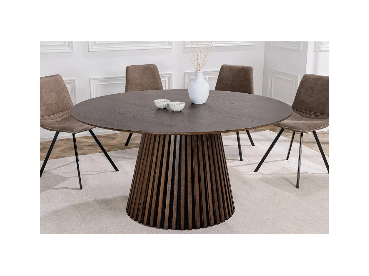 Table de salle à manger KANOVA 120 cm – Plateau rond en chêne foncé et pied central design – Style contemporain