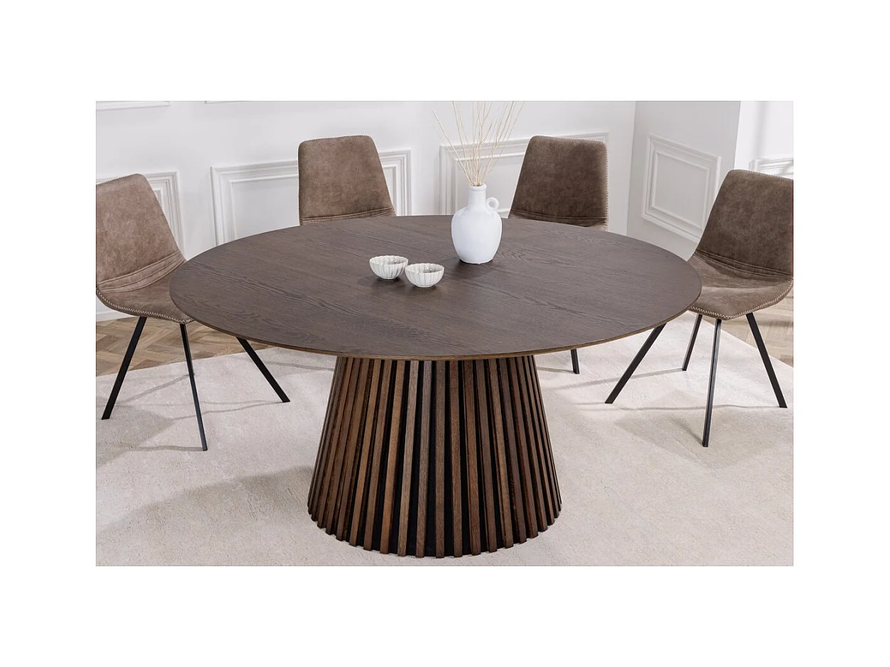 Table de salle à manger KANOVA 120 cm – Plateau rond en chêne foncé et pied central design – Style contemporain