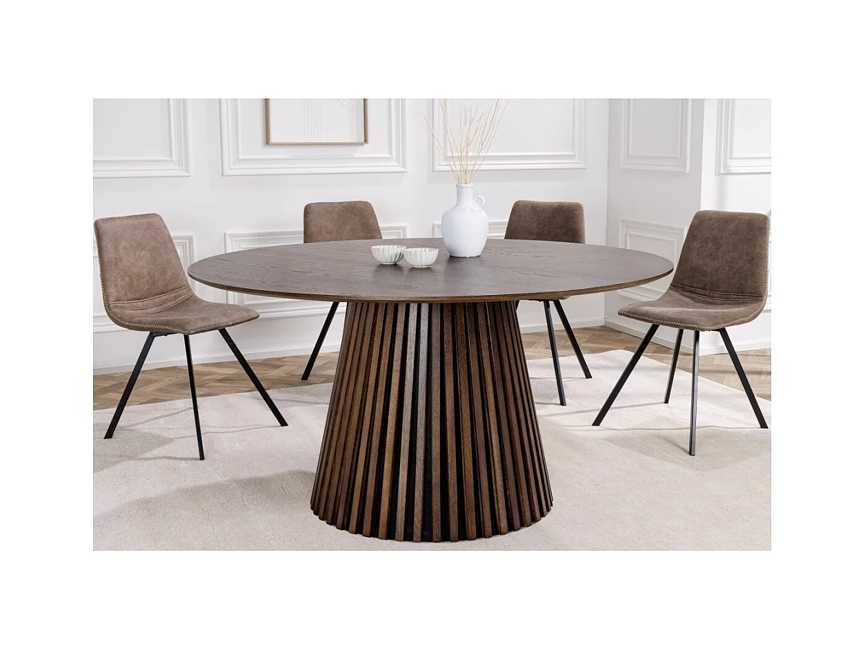 Table de salle à manger KANOVA 120 cm – Plateau rond en chêne foncé et pied central design – Style contemporain